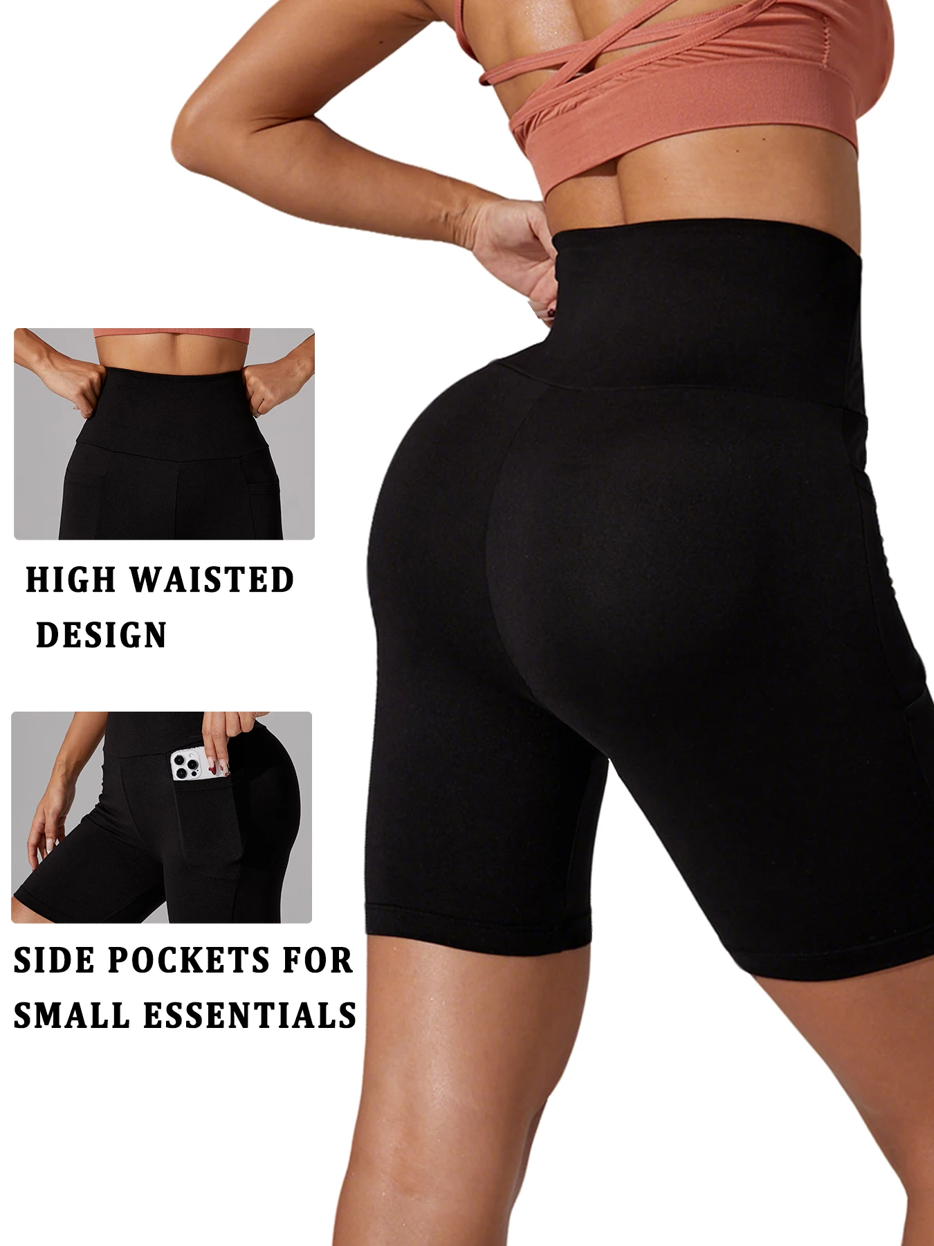 High Waisted Biker Shorts For Women With Pockets No See Through Workout Running Yoga Athletic Shorts Push Up Gym  Fitness image 2