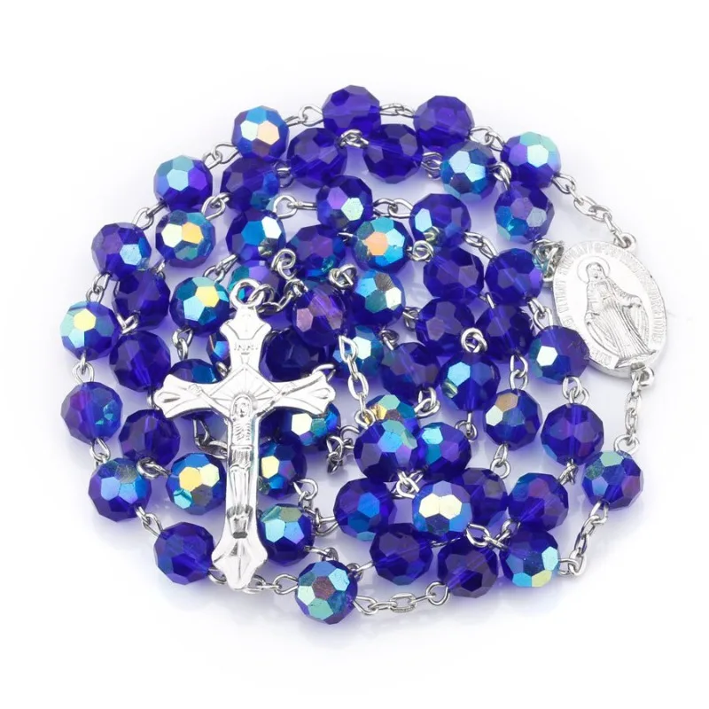 Colar de rosário católico de cristal de vidro azul escuro Colar de rosário com cruz de Cristo virgem
