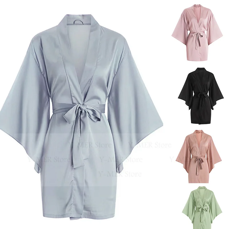 

Сплошное цветное кимоно, атласная одежда для сна, сексуальное женское белье, халат с большими рукавами, короткая ночная рубашка, ледяной шелк, Vestidos De Novia