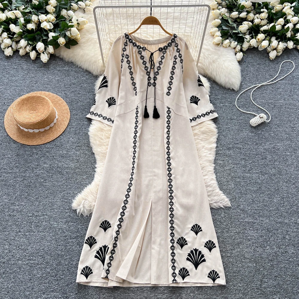 

Sexy Embroidered lace-up Vintage Evening Party Club dress Women Chic hotsweet Slim Beach women clothing