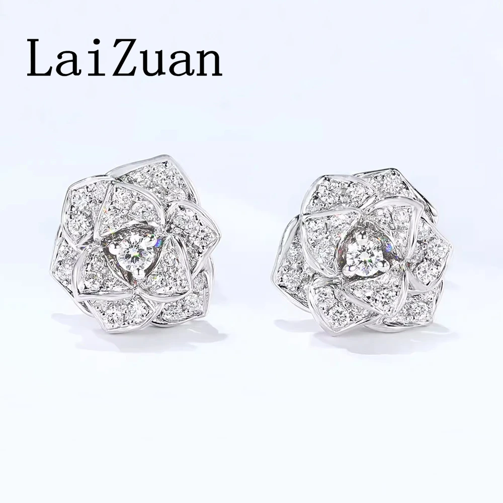 LaiZuan Solid 18k AU750 White Gold H/SI 0.75CT Natural Diamonds Stud Earrings Women Flower Shape Trendy Fine Jewelry Handcrafted