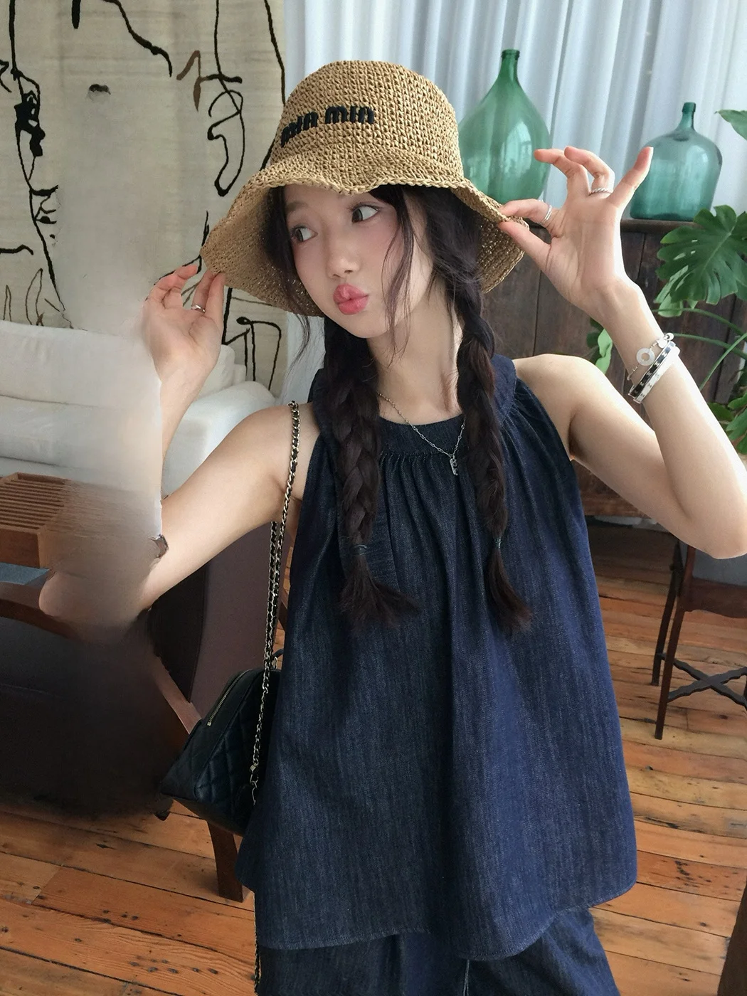 

Ibell Zhang Anti-Fading High Cotton Denim Set with Ne Hanging Knot Wide Leg Pants Retro Hong Kong Sle Women's F...