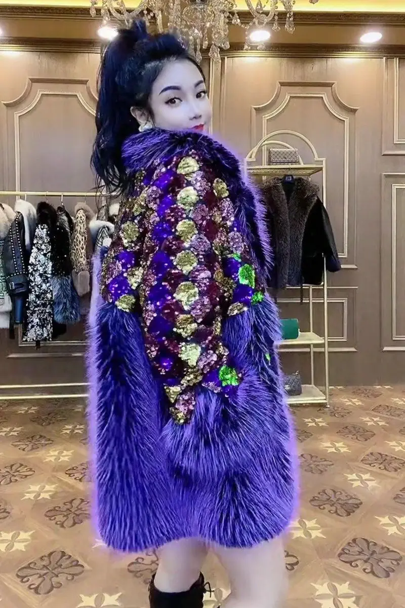 Faux Fur Coat for Women,Sequins Jacket,Covered Button Loose Long Overcoat, Thick Warm Female Clothing,New,High Quality,Winter