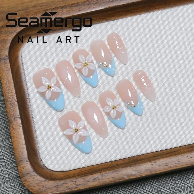 

10PCS Handmade 3D Simple Carved Flower Nude Medium Almond Press on Nails Blue French Sweet Pearl False Nails Wearable Full Cover