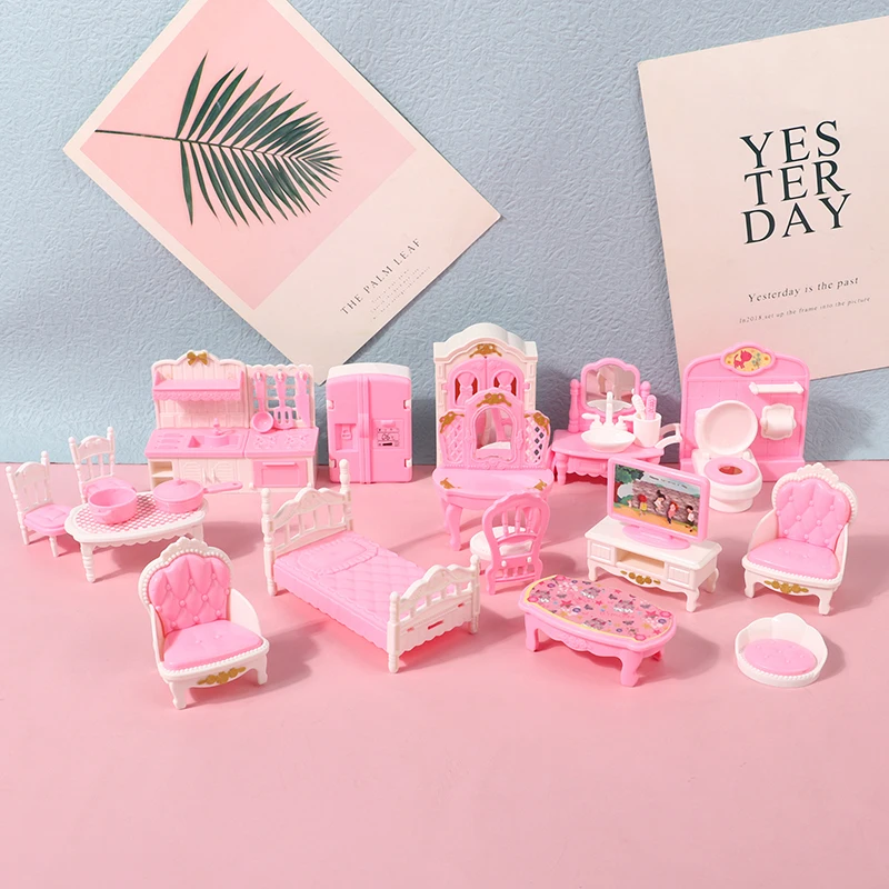 Bonito Pink Miniature Móveis, Dollhouse, Quarto, Cozinha, Banheiro, Sala de estar, Suprimentos, Acessórios