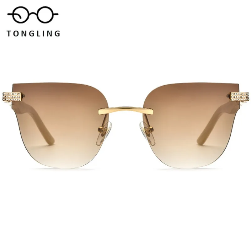 New High-End Fashion Men White Buffalo Horn Cat-Eye Rimless Diamond Glasses Women Handcrafted Suitable Street Outdoor Sunglasses