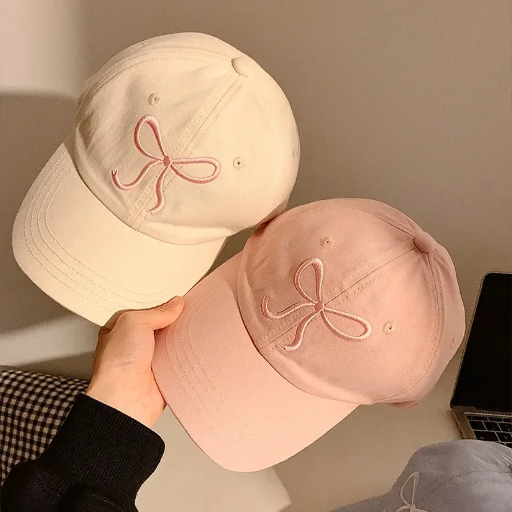 Sweet Bowknot Embroidery Baseball Hat for Women Solid Color Korean Girl Peaked Cap Outdoor Soft Cotton Snapback Sun Visors Hat