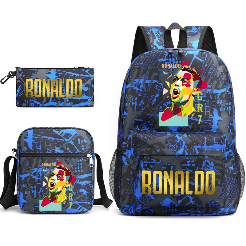 Borsa da scuola stampata Ronaldo set di tre pezzi zaino per bambini zaino per studenti borsa da viaggio all'aperto borsa a tracolla set di astucci