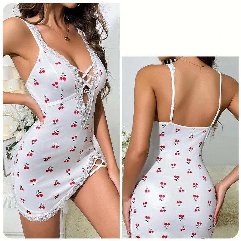 ชุดนอนเซ็กซี่ลายเชอร์รี่ ชุดชั้นในลูกไม้ผู้หญิง สายไขว้ สายเดี่ยว ชุดมินิเดรส น่ารัก บอดี้คอน เสื้อเชิ้ต ชุดนอนแฟชั่นใหม่
