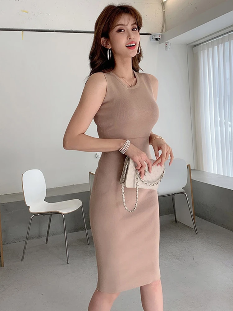 Elegant O-คอชุดดินสอผู้หญิงฤดูร้อน Sheath ถังถักชุด Slim Work Party Bodycon Vestidos