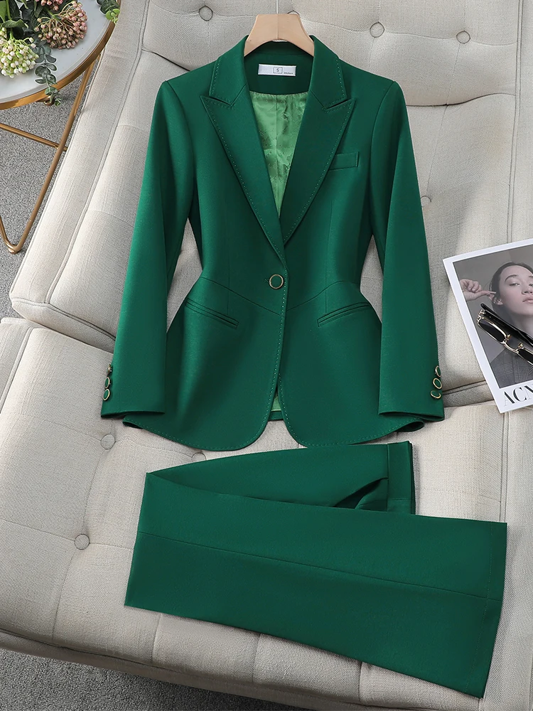 Office Ladies Formal Pant Suit 2 Piece Set Women Green Khaki Red Female Long Sleeve Business Work Wear Blazer Jacket And Trouser