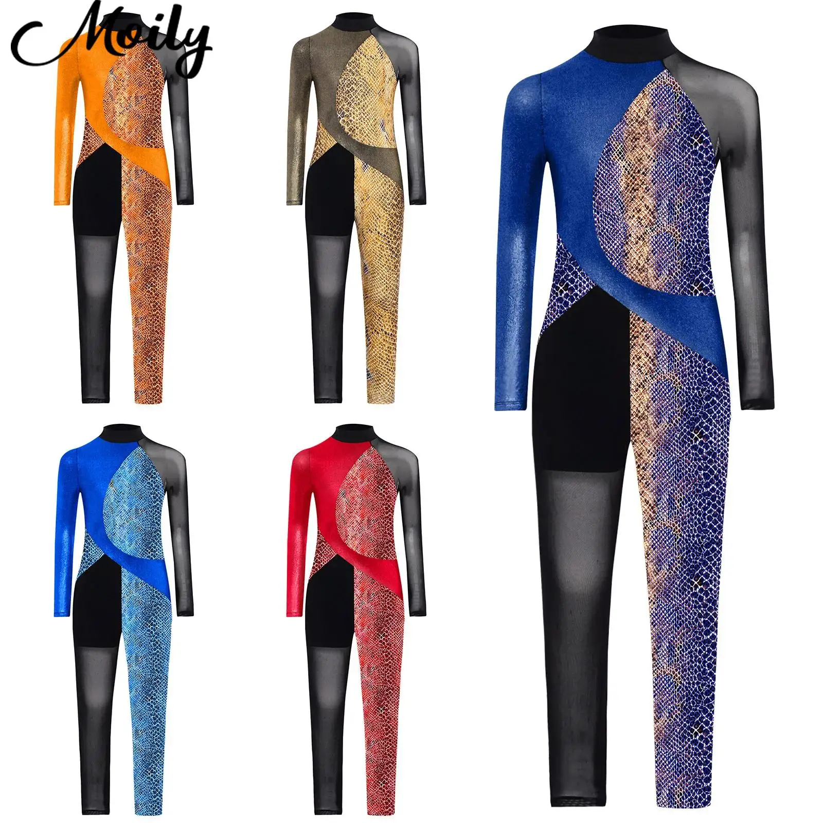 

Children Long Sleeve Ballet Leotard Gymnastics Bodysuit Girls Keyhole Back Metallic Snakeskin Bodysuit Figure Skating Jumpsuit