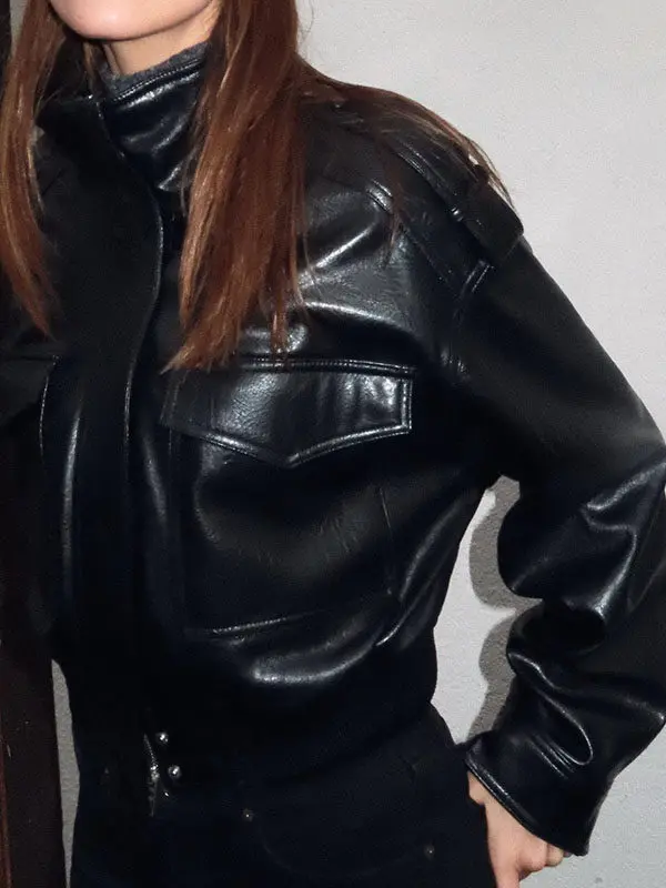 

Ele Winter Jaet, женское модное пальто из искусственной кожи с воротником-стойкой и поясом, длинное пальто с яркой поверхностью, женская верхняя одежда