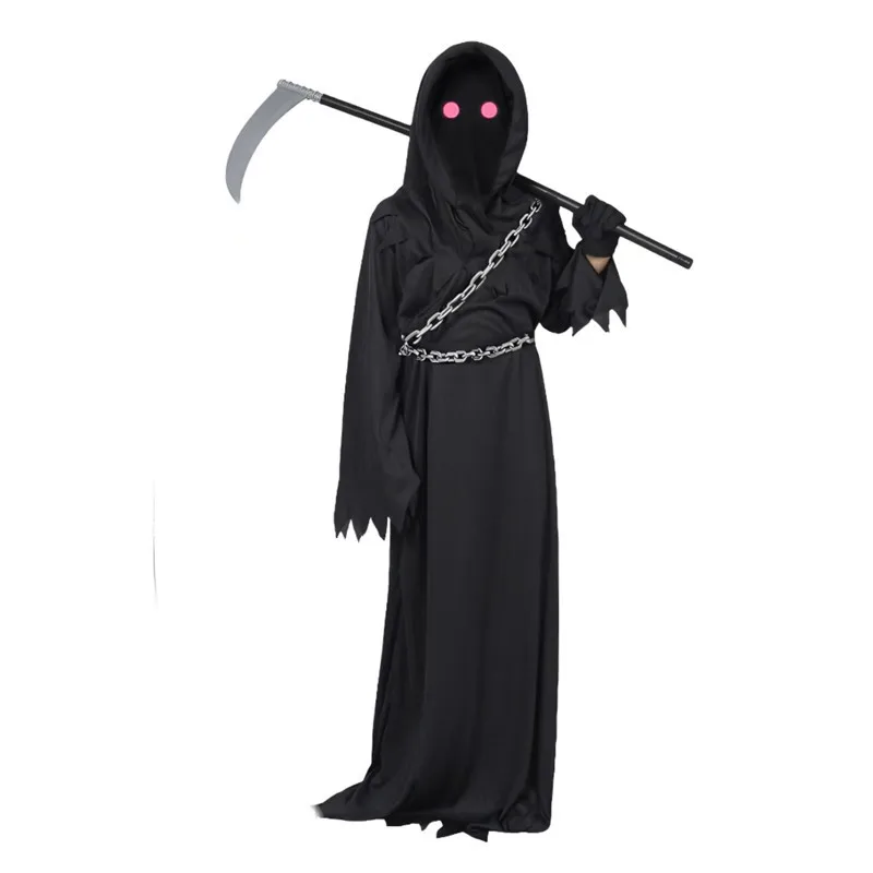 3-12Y bambino scuro Red-Eyed Reaper Robe Costume Halloween spaventoso diavolo Dress Up Costume con puntelli a catena falce