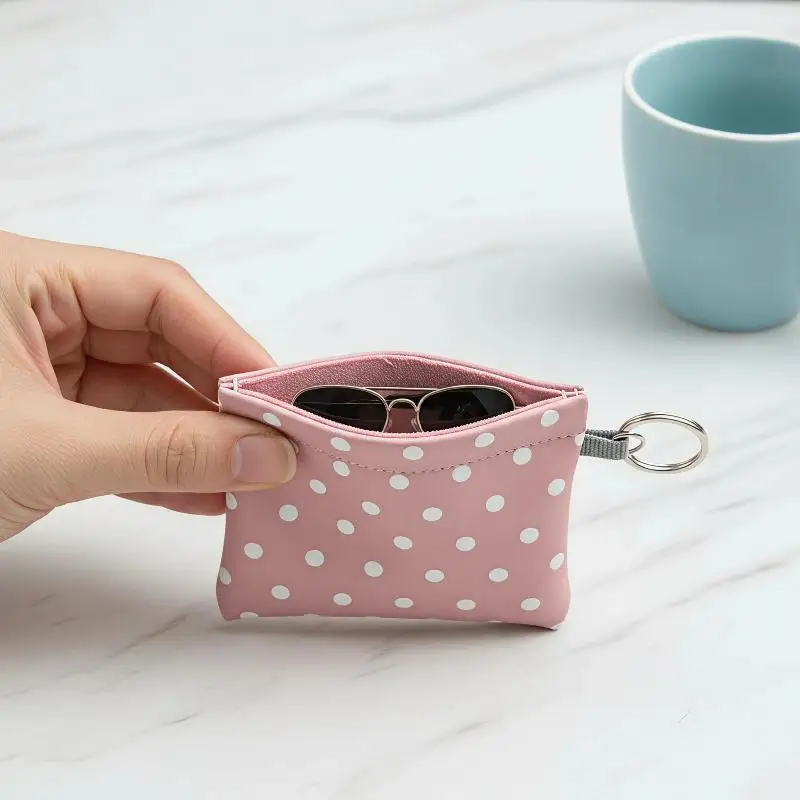 Polka Dot PU Leather Coin Purse Slim Portable With Attached Key Ring Holds Coins Lipsticks Small Essentials