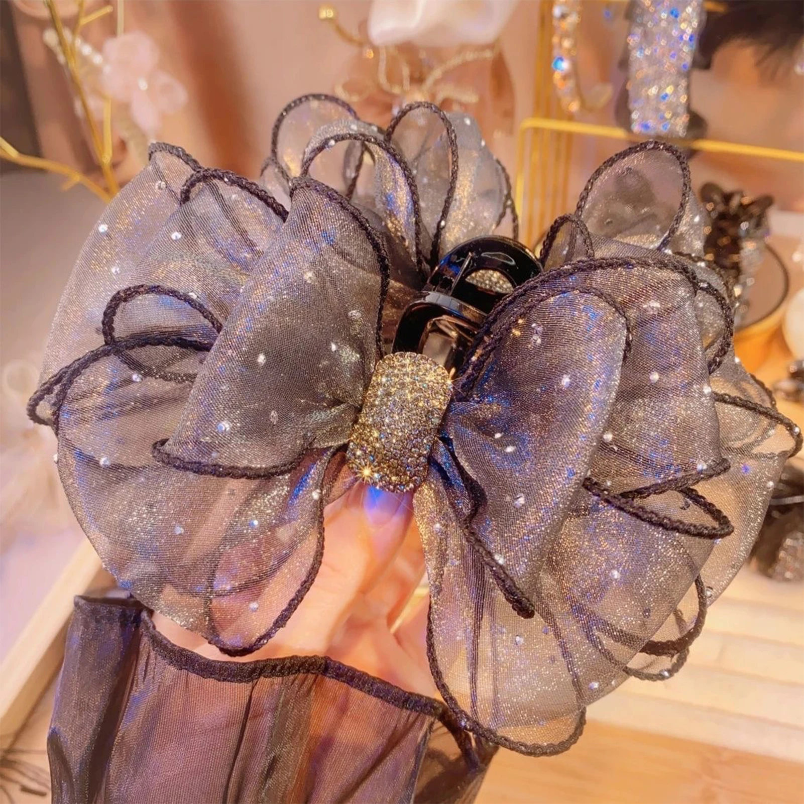 Trendige Strass-Haarklammer Elegante Schleifenknoten-Gaze-Haarspange Koreanischer Stil Schleifen-Haarklammer Exquisites Haar-Deko-Accessoire – Detail 5