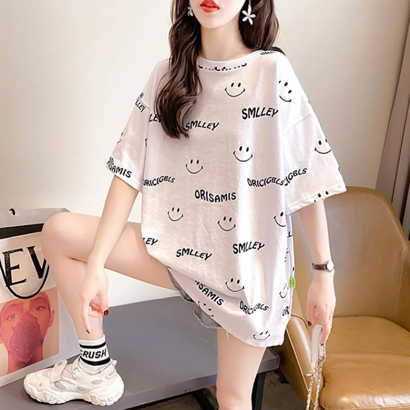 Women's Smiling Printed Short-Sleeved T-shirt Dress, Korean Loose Joker, Five-Sleeve Female Tops, Summer, New, 2023