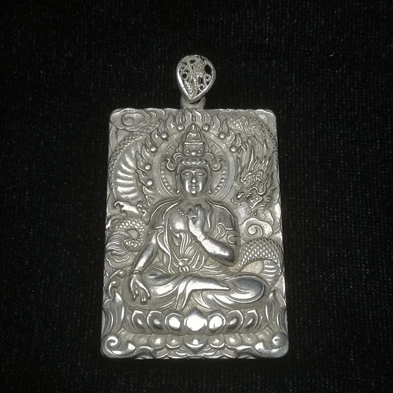 YIZHU CULTUER ART Size 6 × 3.4 cm Old China Tibet Silver Carving Dragon Buddha Statue Necklace Pendant Gift