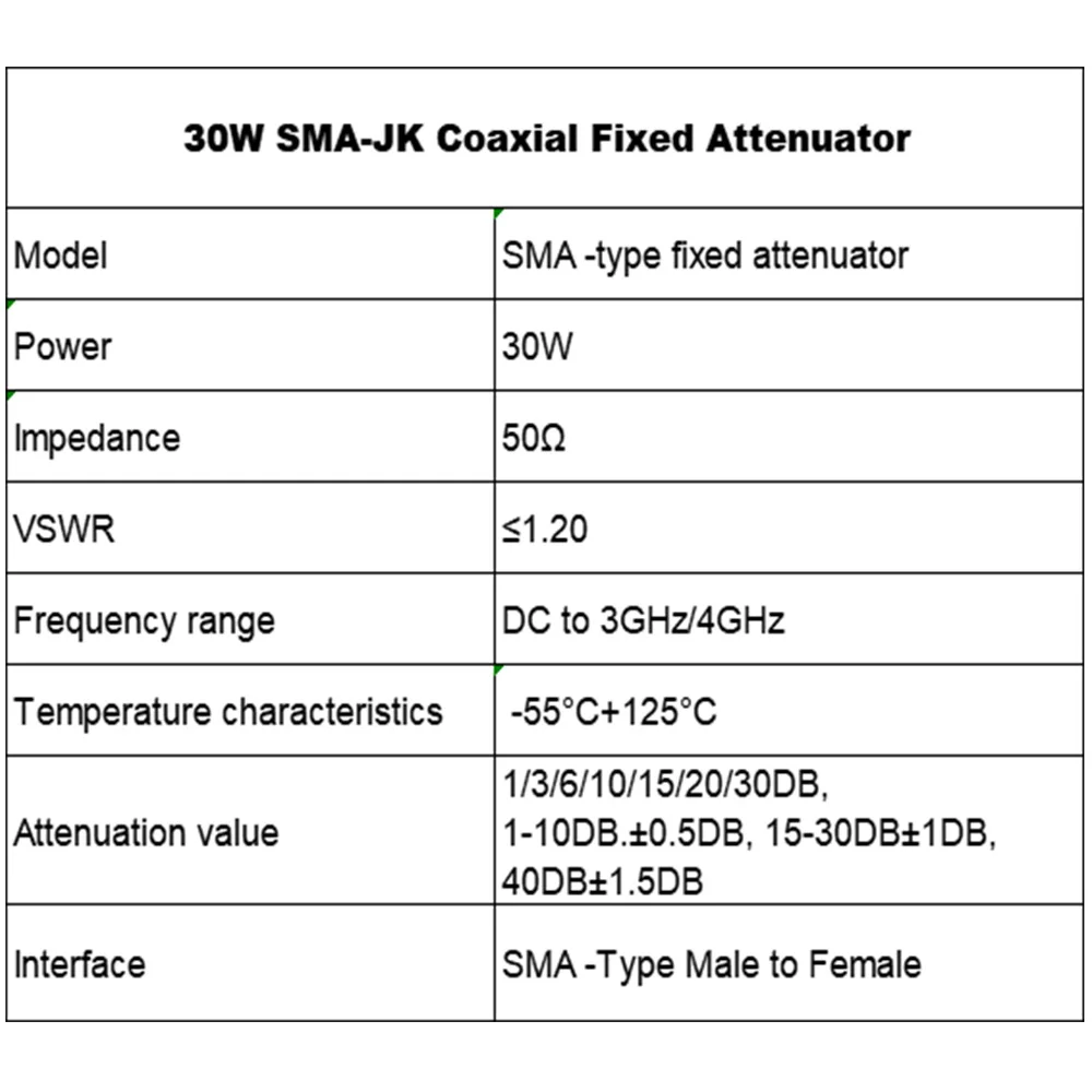 SMA RF 동축 전원 플러그 수-암 잭, SMA 타입 감쇠기, DC-3Ghz/4Ghz, 1, 2, 3, 5, 6, 10, 15, 20, 30DB, 40DB, 30W