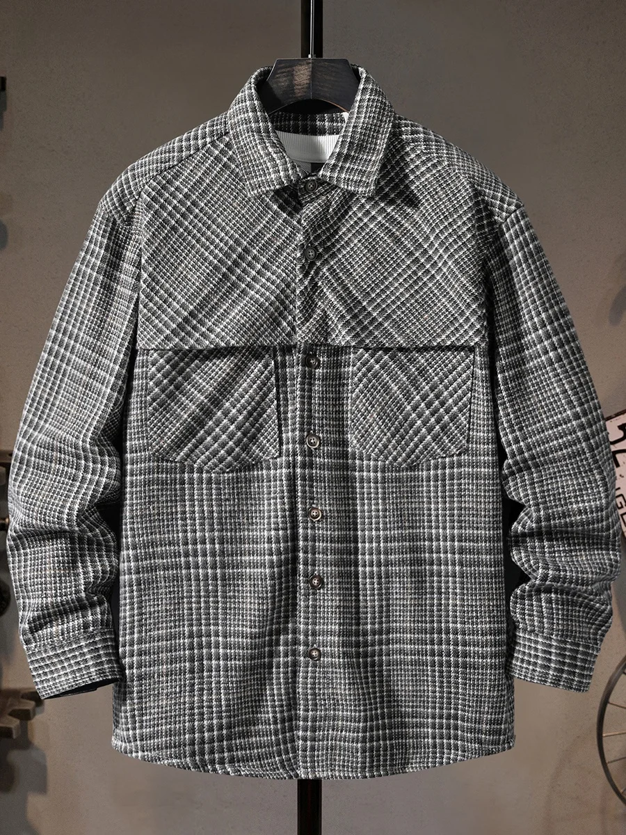 

Мужская повседневная рубашка из шерстяной смеси в клетку с длинным рукавом в японском ретро-стиле для офиса и активного отдыха на все сезоны