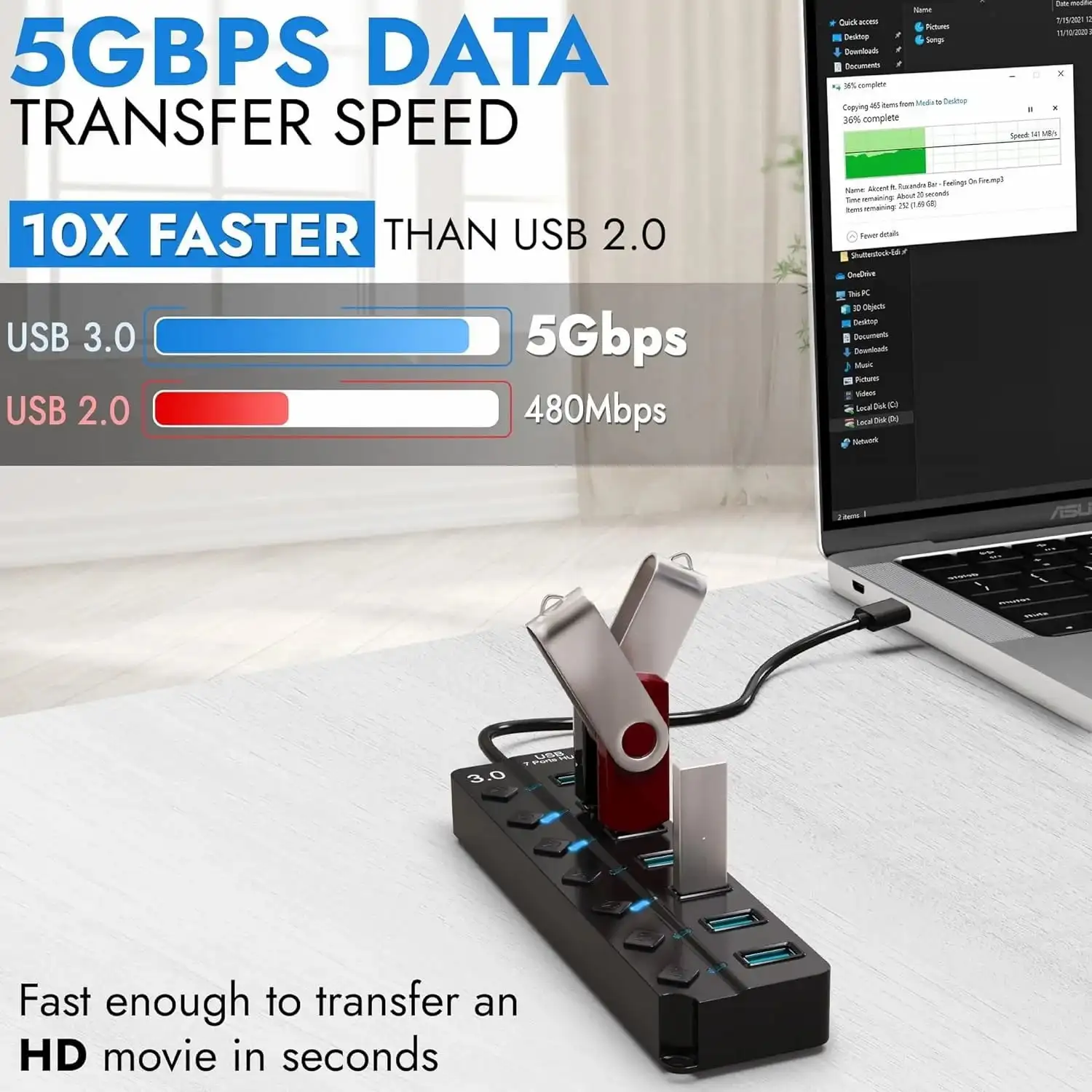 7 منافذ USB Hub Splitter 1 USB 3.0 و6 USB 2.0 مع مفاتيح تشغيل/إيقاف فردية وأضواء كابل طويل 1.2 متر لأجهزة MacBook والكمبيوتر المحمول #4