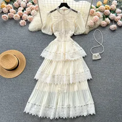 Sexy Lace Pleated Tiered Dress Chic O-Neck Vintage Fashion Puff Sleeve Dress Party Women Summer Elegant Slim Vestidos