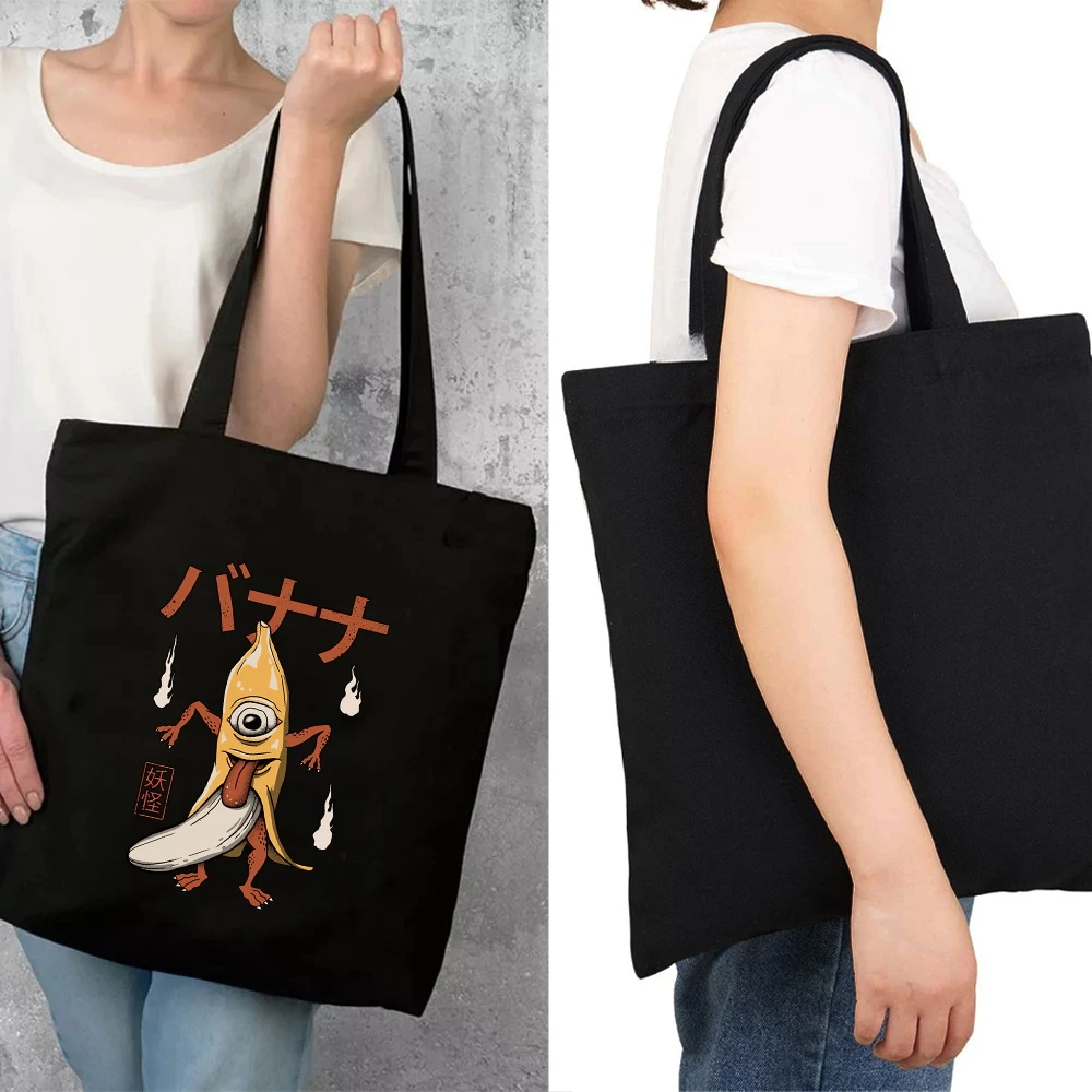 

Women Canvas Shopping Bag Foldable Messenger Handbag Tote Reusable Cute Monster Pattern Shoulder Shopper Bags