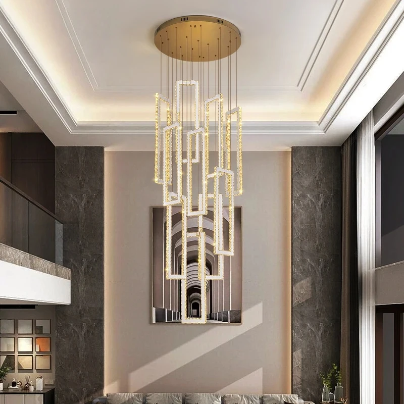Staircase Lamp Long Chandelier Villa Duplex Light Luxury Rotating Staircase Lamp Hotel Project Living Room Lamp Crystal Chandeli