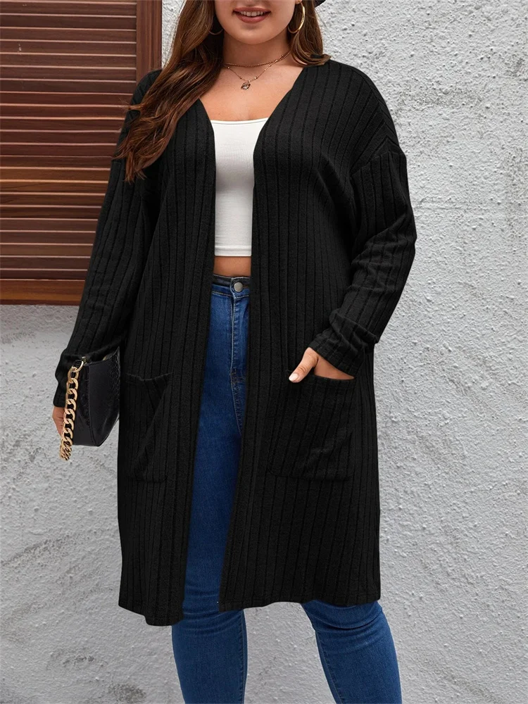 Wmstar Plus Size Outwear Women Cardigans Fall Winter Clothes Knitted Coat Fashion Long Top with Pockets Wholesale Dropshipping