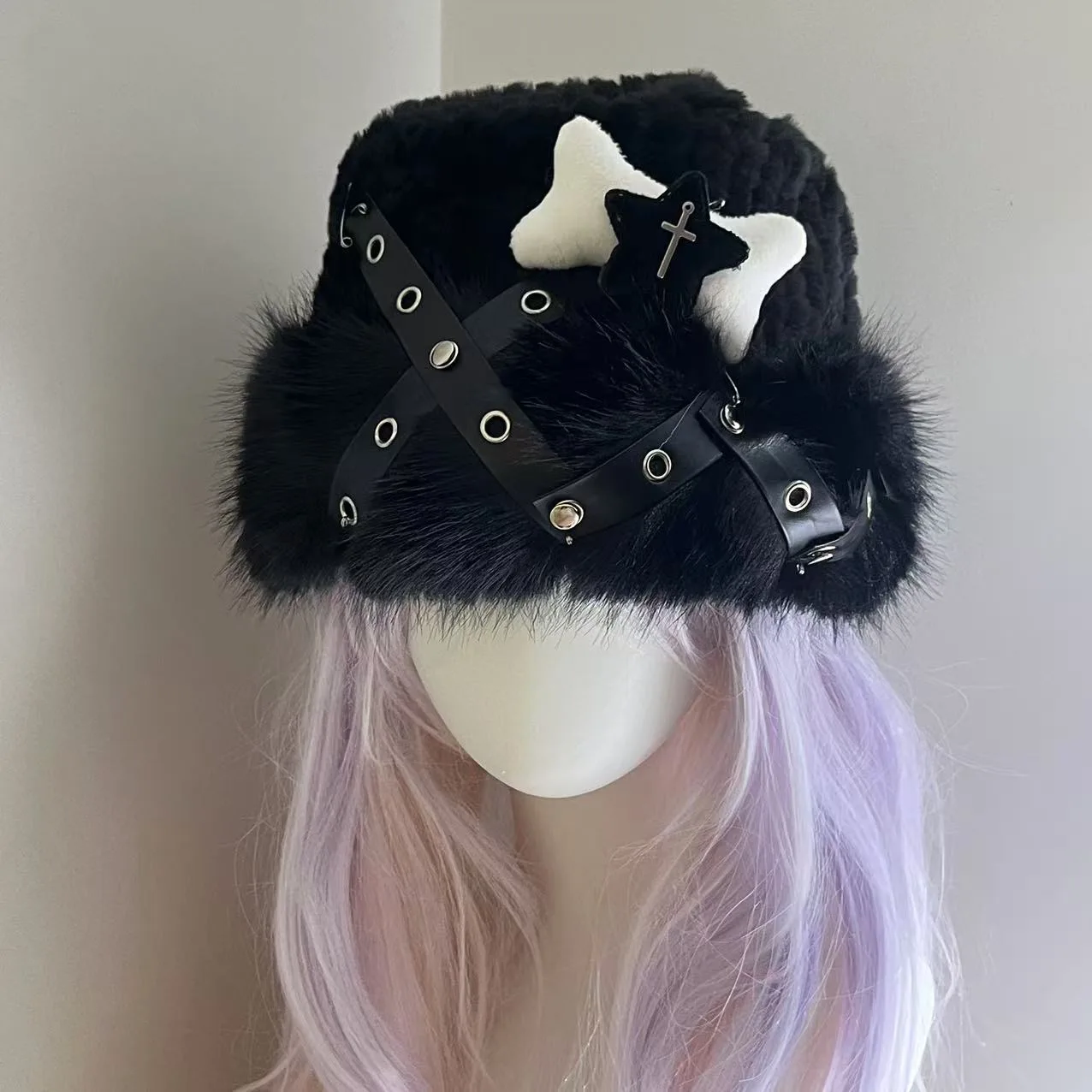 Y2K Fluffy Faux Fur Bucket Hat Women Bone Cross Warm Thick Plush Winter Cap Lady Luxury Fashion Accessories