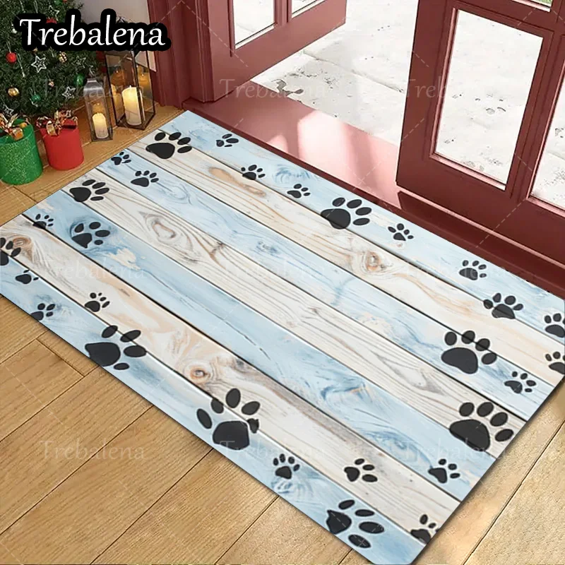 

1pc Welcome Door Mat Paw Print Blue Wood Plank Design Doormat for Home Entrance Decor