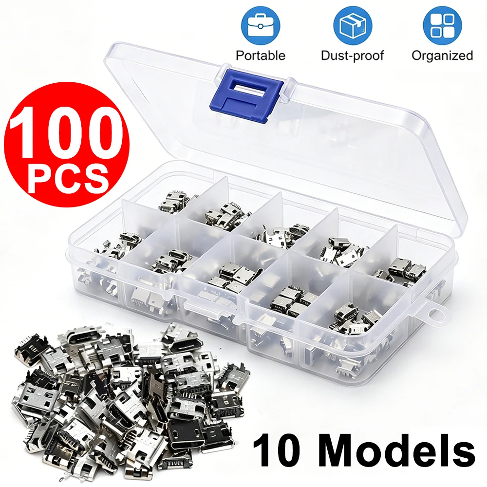 100Pcs 10Models Mix 5Pin Micro USB Charging Dock Connectors Micro USB DIY Repair Adapter Kits USB Digital Product For Phone