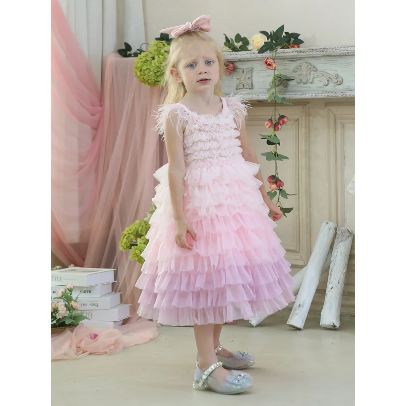 

Girls' New High-End Performance Birthday Party Puffy Gradient Pink Fairy Dress Princess Gown