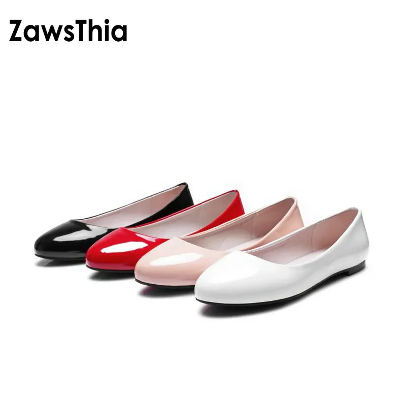 

ZawsThia 2023 Classis Ladies Ballet Flats Shoes Women Loafers Slip On Ballerina Flat Patent PU Leather Round Toe Big Size 48 52