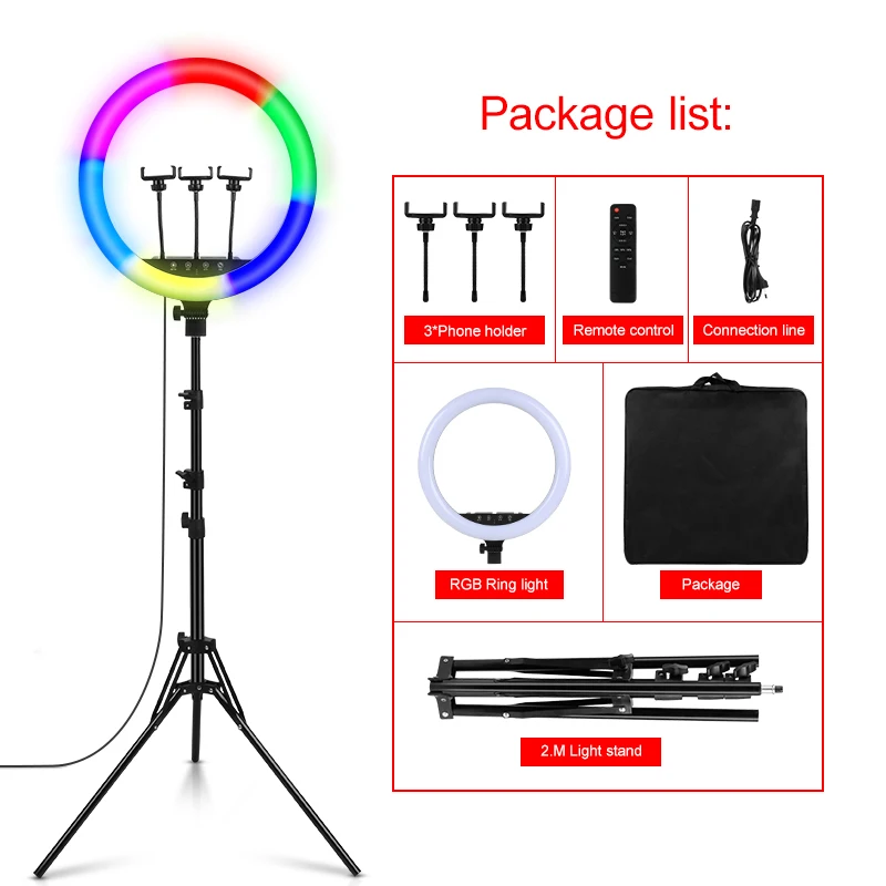 PYNSSEU-Anel de Luz LED Colorido com Tripé, Clipe de Telefone, Vlogging Live, Vídeo Curto, YouTube, RGB, 45cm, 2m