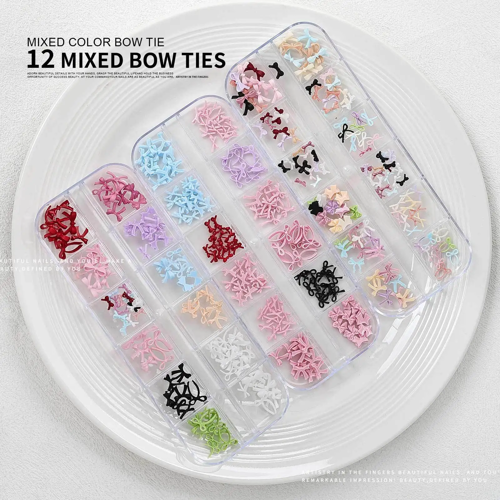 새로운 12칸 미니 블랙 핑크 리본 믹스 컬러 보타이 네일 드릴 스위트 DIY 네일 아트 액세서리 장식 매니큐어