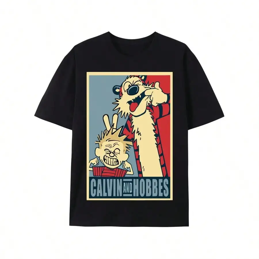 تي شيرت رجالي برسومات كالفين وهوبز باللون الأسود كاجوال برقبة دائرية وأكمام قصيرة من القماش المحبوك بتصميم كرتوني مرح متوسط التمدد