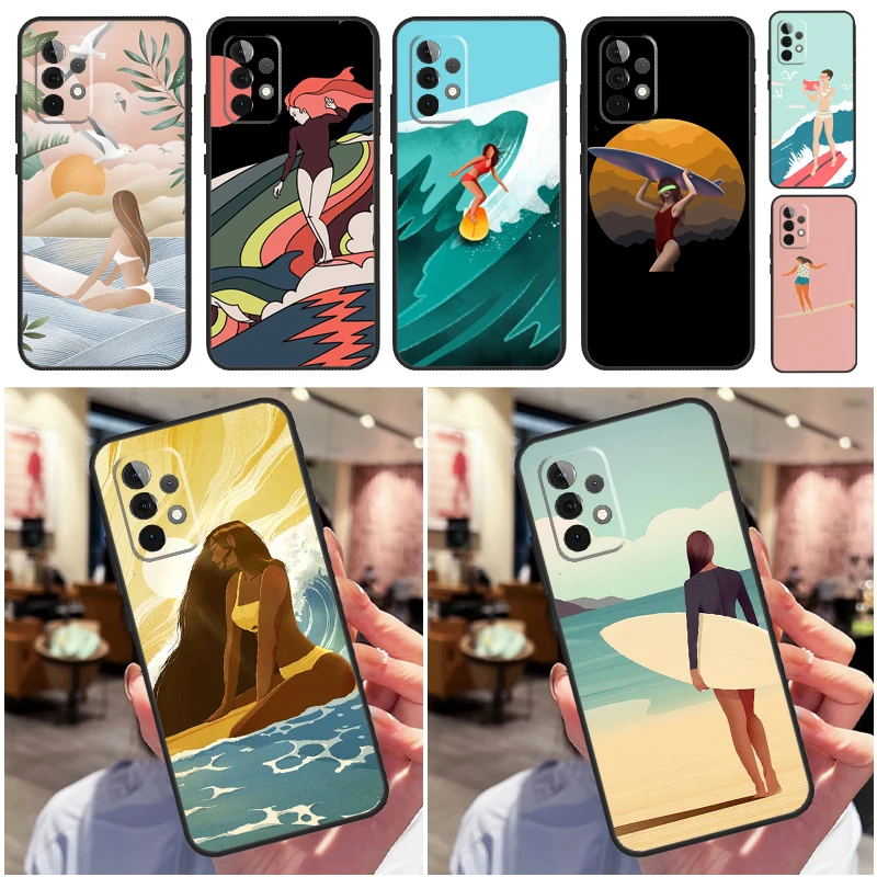 Surfboard Surfing Surf Girl Case For Samsung Galaxy A54 A34 A14 A53 A52 A51 A71 A13 A23 A33 A73 A12 A22 A32 Cover Funda