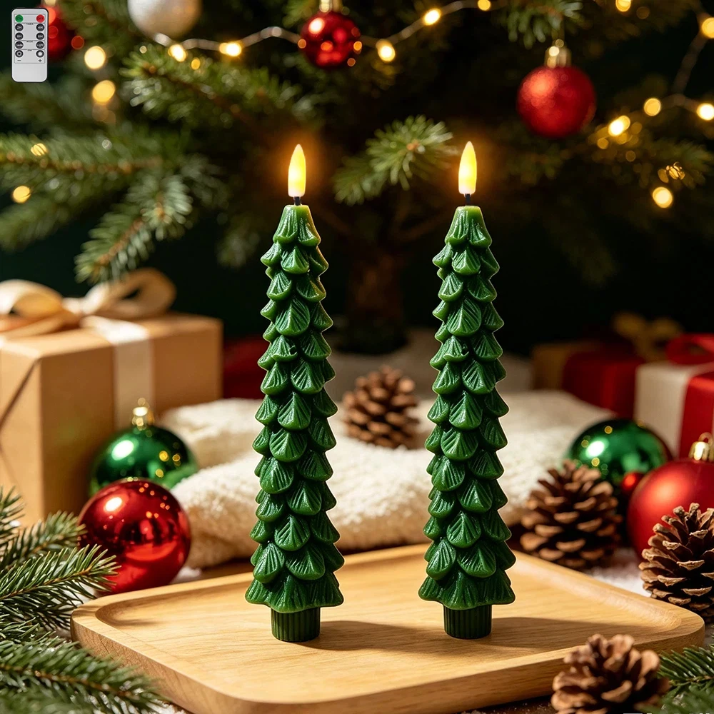 1/2pcs Simulated Christmas Tree Shaped Remote Control Electronic Candle, Used for Christmas Dinners and Home Holiday Lighting