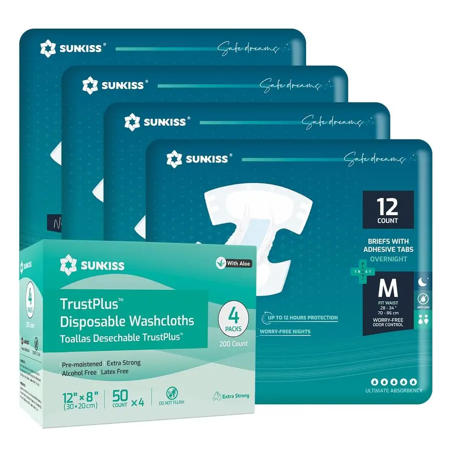 حفاضات TrustPlus للبالغين طوال الليل متوسطة 48 عدد أمبير مناديل مبللة 8 × 12 200 حزمة حماية من التسرب، التحكم في الرائحة، Super Abs #1