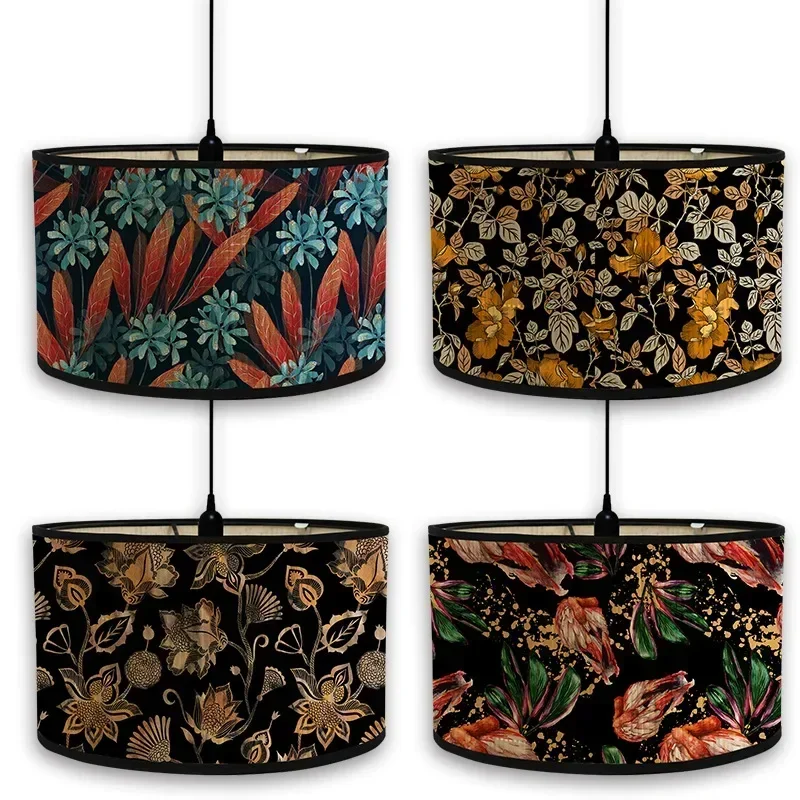 Foldable Hanging Floor Lamp with Light Cover Vintage Flower Print Lampshades Bamboo Handmade Lamp Cover Home Art Chandelier