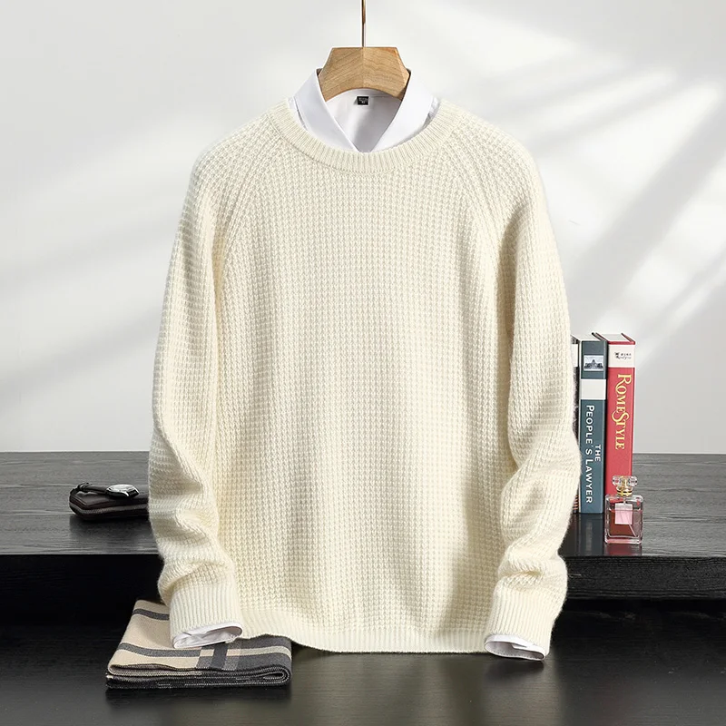 Autumn And Winter New 100% Cashmere Round Neck Men's Raglan Padded Sweater Business Casual Long Sleeve Bottoming Cashmere Top.