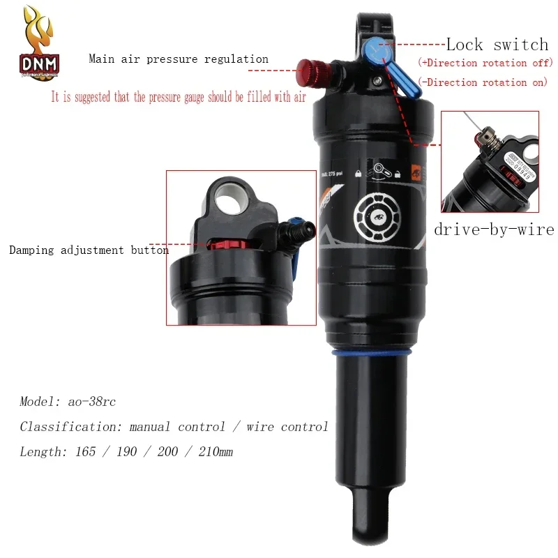 DNM AO-38RC Air Rear Shock Air Pressure Adjustable 165mm 190mm 200mm Folding Bike Mountain Bike Bicycle Rear Shock Absorber