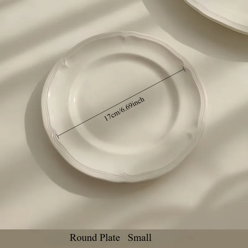 French Vintage White Embossed Ceramic Plate, Floral Lace Breakfast & Dessert Dish, Elegant Retro Tableware for Home Dining