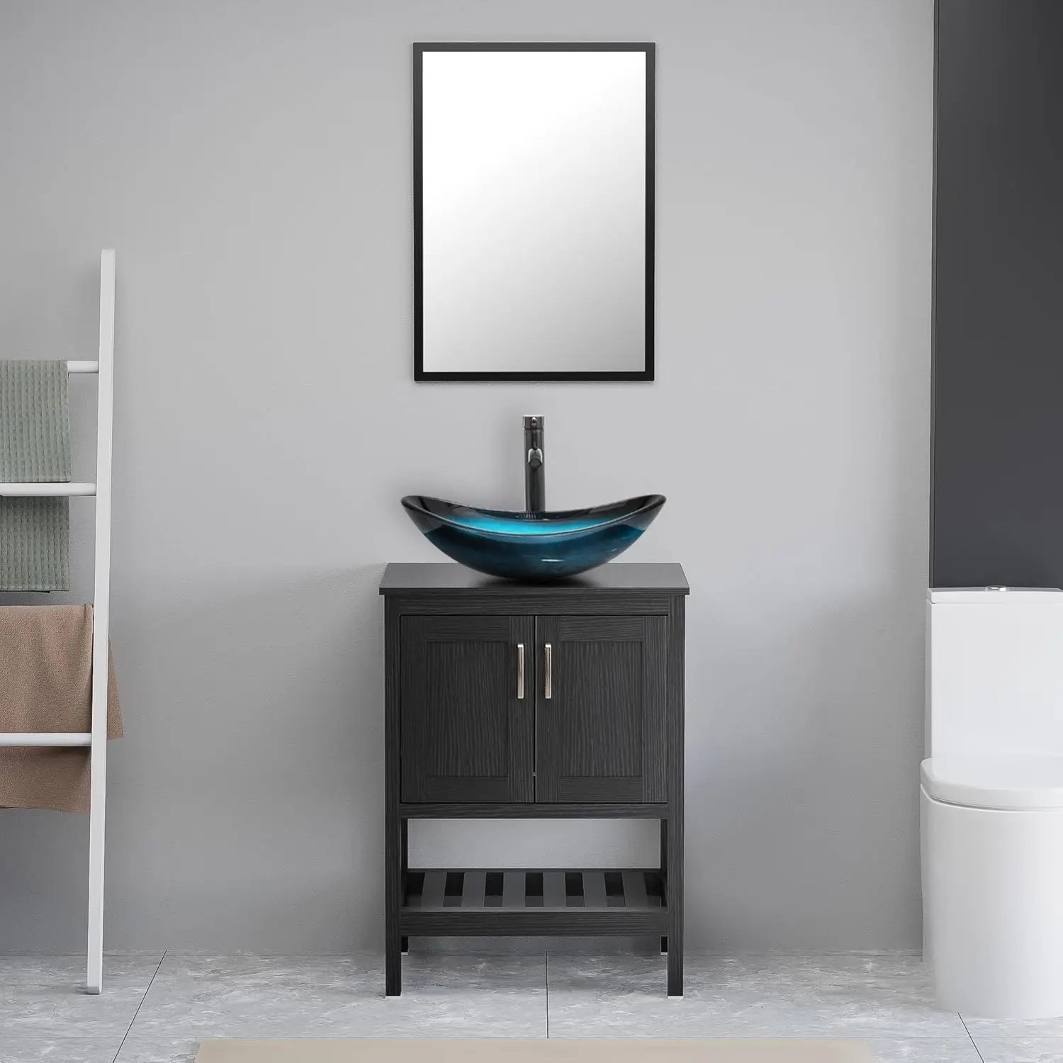 24" Bathroom Vanities Sink Combo with Open Shelf, Modern MDF Black Cabinet with Blue Boat Tempered Glass Vessel