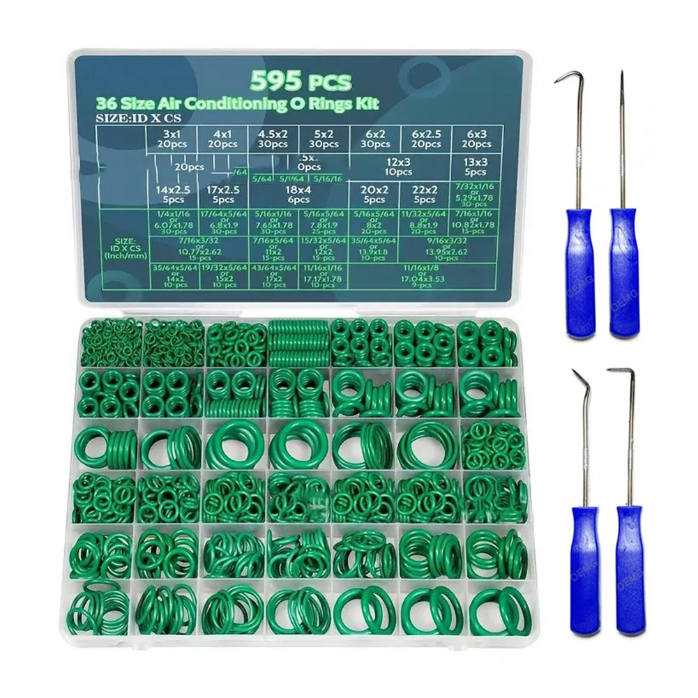 595Pcs AC O-Ring Kit Nitrile Rubber Gasket Set With Hooks For Automotive Air Conditioning Repair Plumbing Seals Green