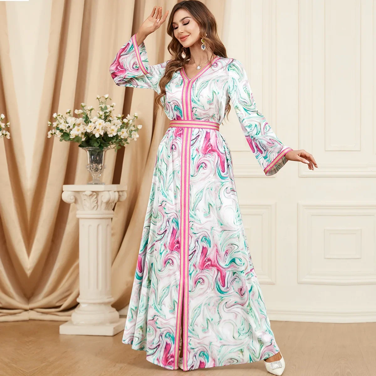 

Women V-neck Long Sleeve Abayas for Women Evening Party Dress Arab Dress Middle Eastern Muslim Dress Print Dress Morocco Caftan