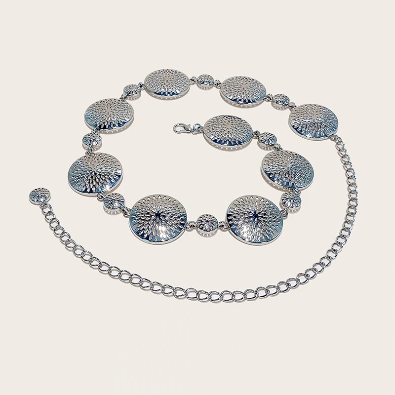 حزام خصر معدني للسيدات على الطراز القديم إكسسوارات فاخرة راقية أنيقة مزخرفة بسلسلة جينز على شكل دائرة مجوفة