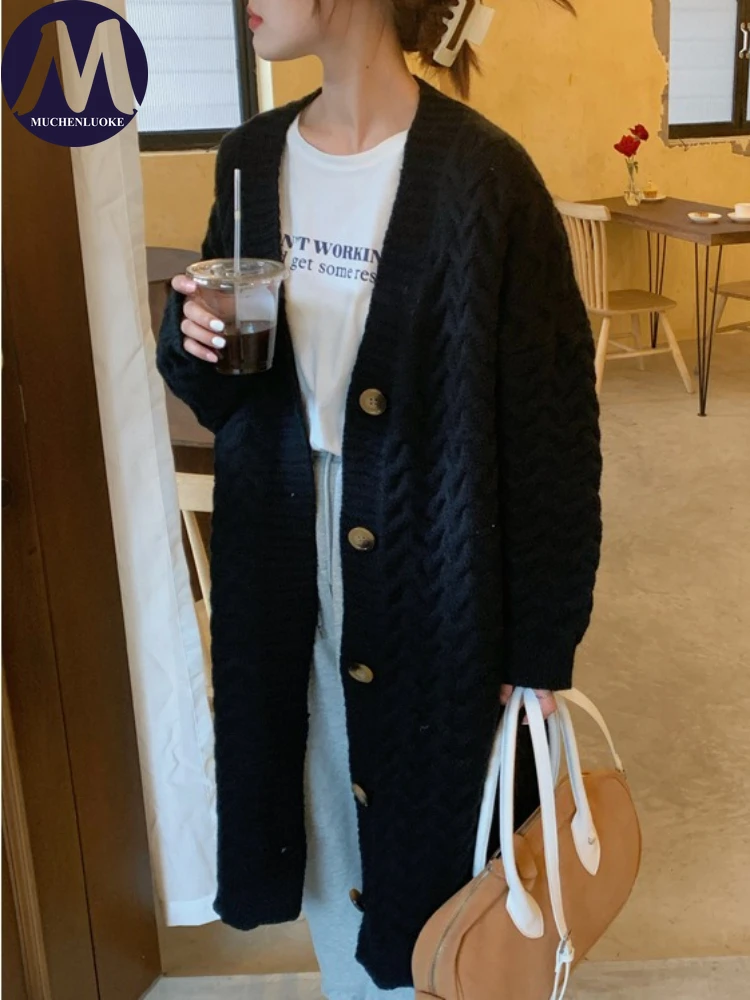 

Кардиган женский осенне-зимний ленивый стиль с v-образным вырезом длинный вязаный утепленный свитер кардиган корейский модный повседневный свободный свитер пальто