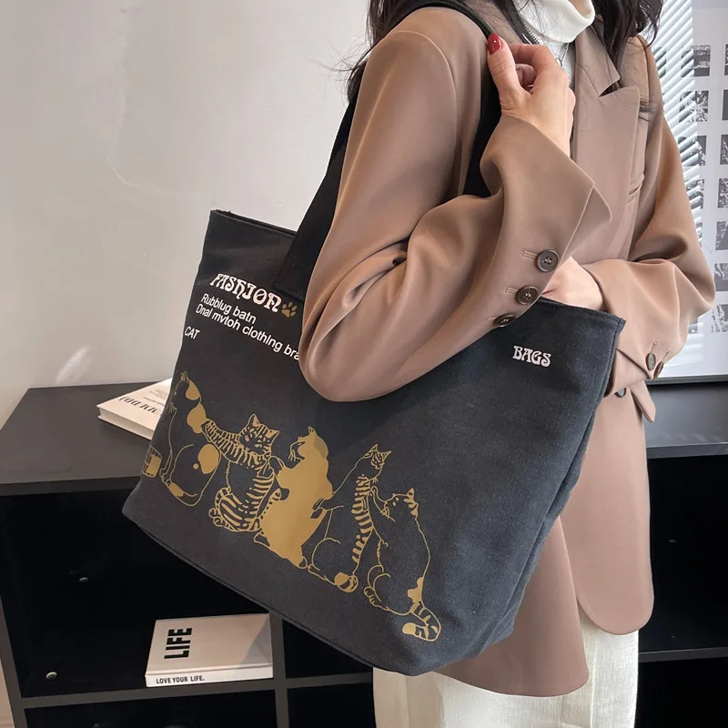 Canvas Totes Large Capacity Storage Handbag Women Tote Anime Cat Letters Shoulder Bags Girls Casual Commute Bag Portable Big Bag